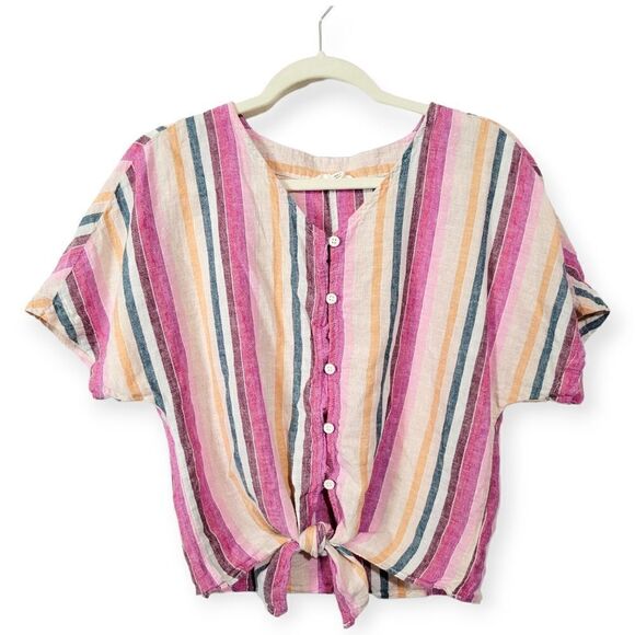 Beachlunchlounge Striped Linen Blend Button Tie Front Relaxed Fit Top - Picture 1 of 7
